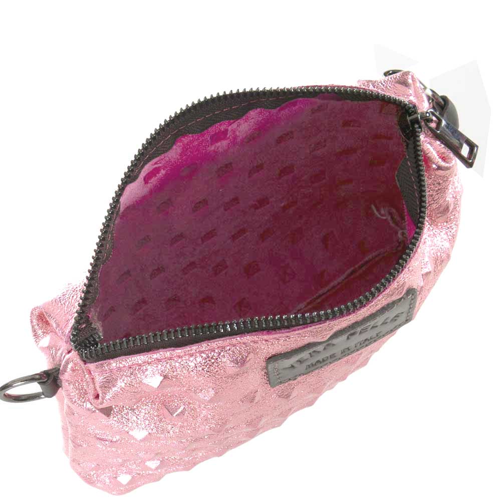 Голяма дамска чанта тип торба от естествена кожа с подвижен несесер розов искрящ хамелеон