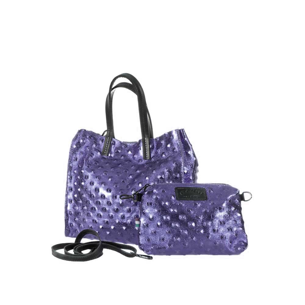 Голяма дамска чанта тип торба от италианска естествена кожа модел REGINA цвят лилав искрящ хамелеон