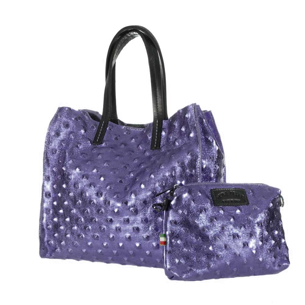 Голяма дамска чанта тип торба от италианска естествена кожа модел REGINA цвят лилав искрящ хамелеон
