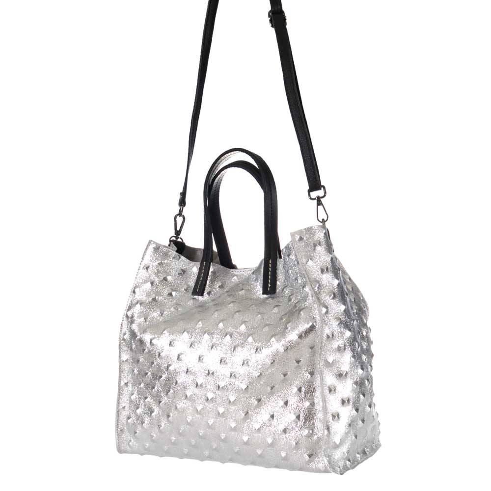 Дамска чанта тип торба от италианска естествена кожа модел REGINA цвят сребрист
