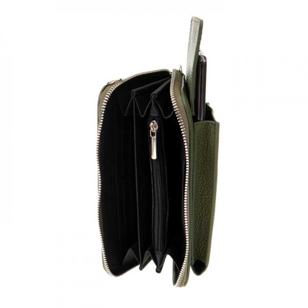 Зелена дамска чанта от италианска естествена кожа чанта за телефон модел FLAVIE с дълга дръжка