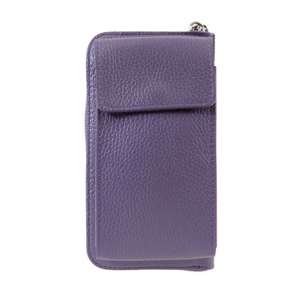 Дамска чанта тип портмоне от естествена кожа с подвижна дълга дръжка лилава