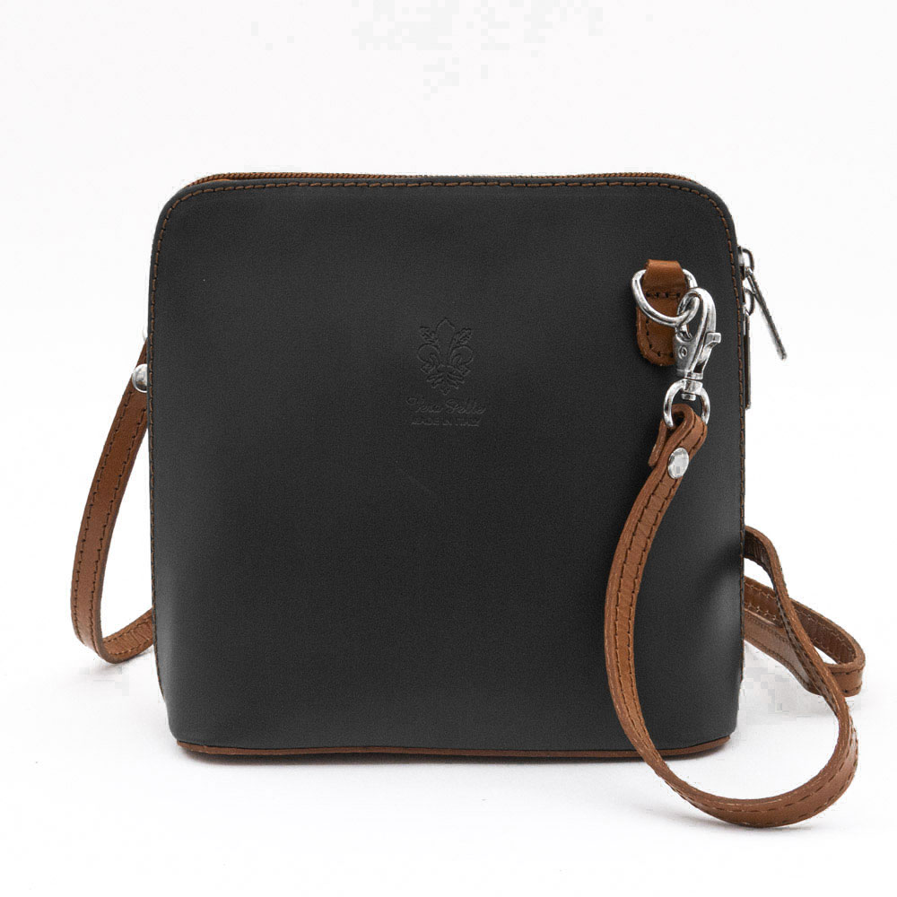 Малка дамска чанта модел CALDO италианска естествена кожа черен с кафява дръжка