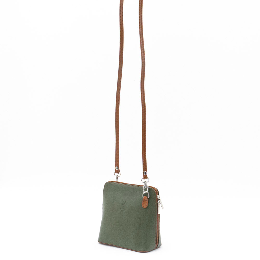 Малка дамска чанта модел CALDO италианска естествена кожа зелен с кафява дръжка