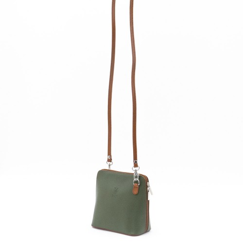 Малка дамска чанта модел CALDO италианска естествена кожа зелен с кафява дръжка