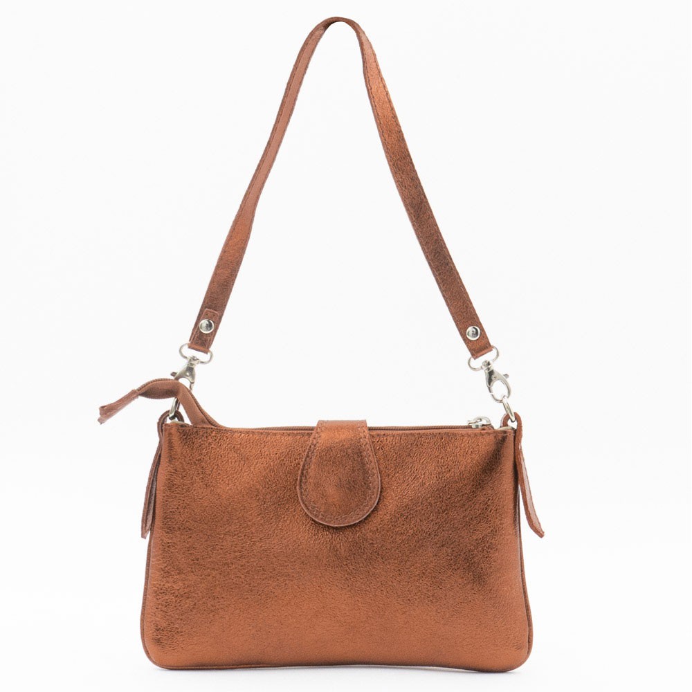 Атрактивна малка дамска чанта от италианска естествена кожа модел HOLLY цвят кафяв искрящ