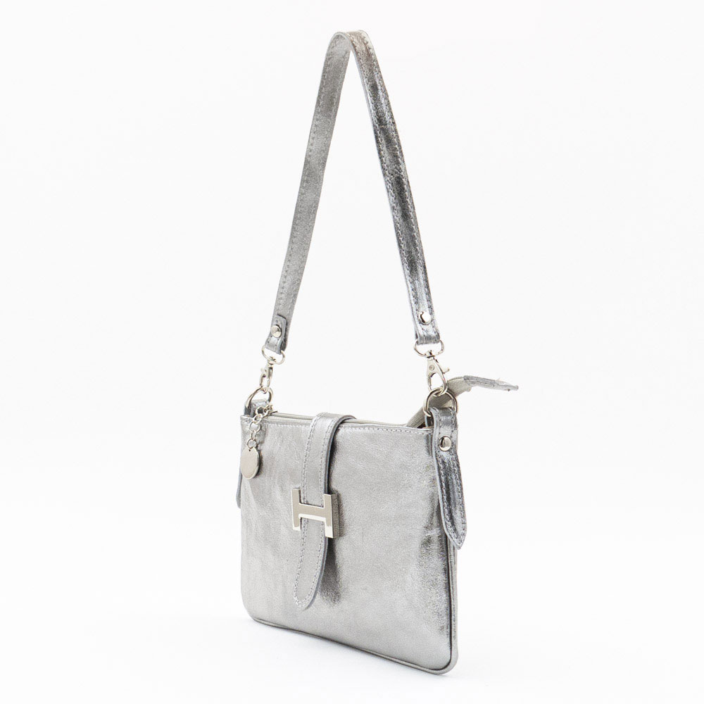 Малка дамска чанта от италианска естествена кожа модел HOLLY цвят сребрист