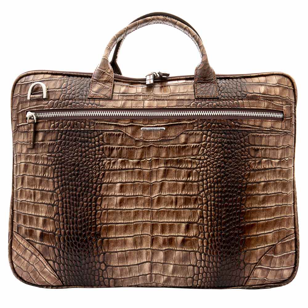 Луксозна мъжка бизнес чанта от естествена фина напа кожа ENZO NORI модел CESARE цвят светло кафяв кроко лак