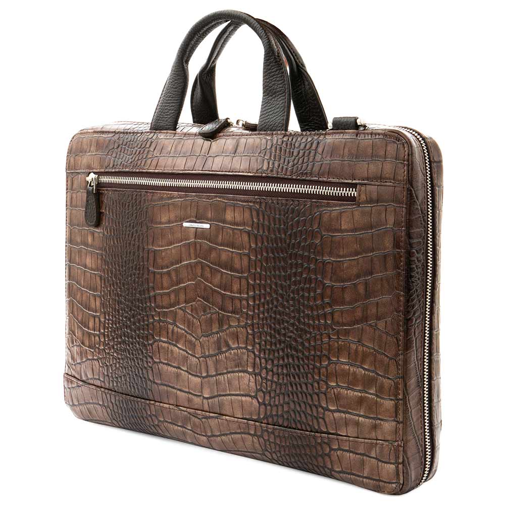 Стилна мъжка бизнес чанта от естествена фина напа кожа ENZO NORI модел VITO цвят кафяв кроко лак
