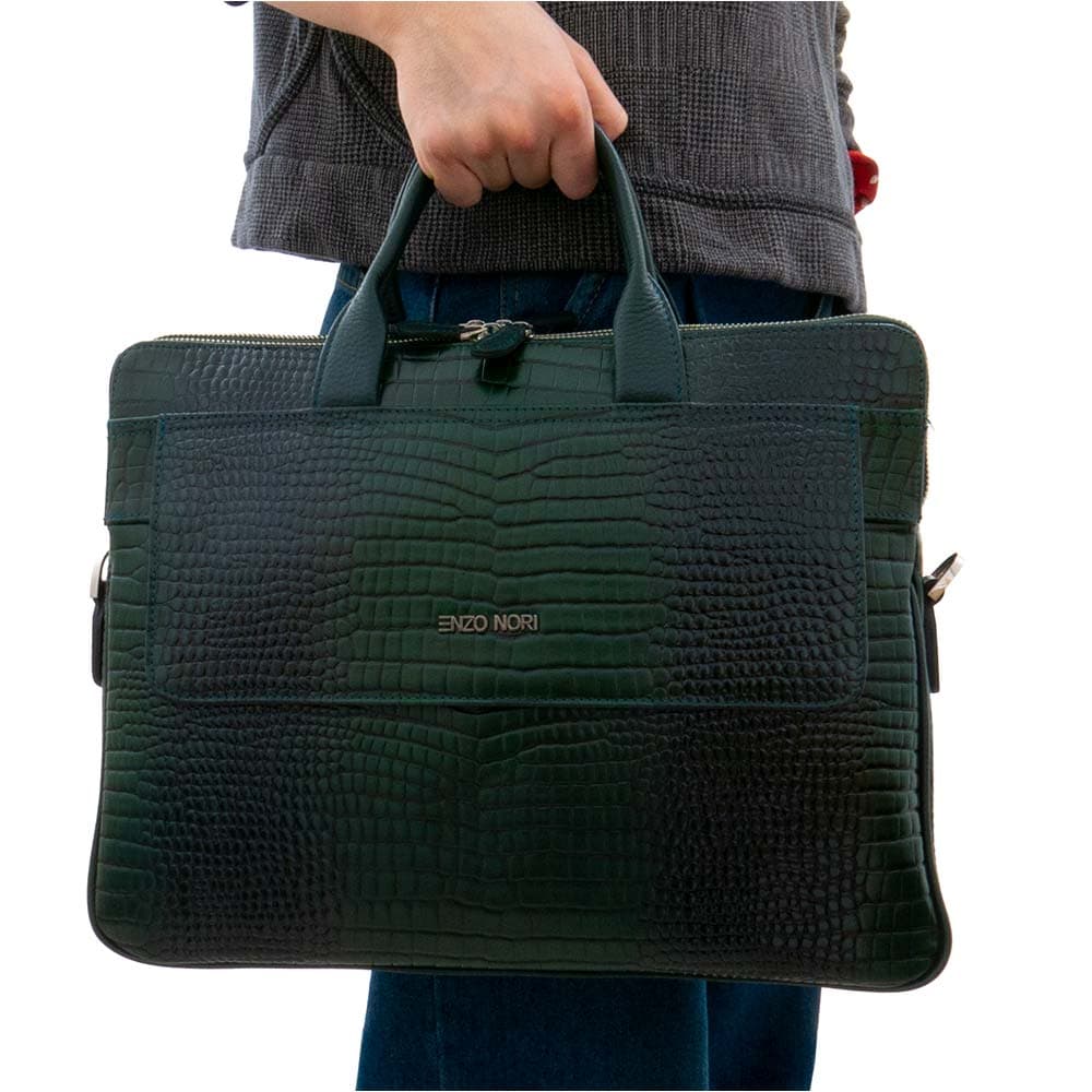 Стилна дамска бизнес чанта от естествена фина напа кожа ENZO NORI модел SUZY цвят зелен кроко лак