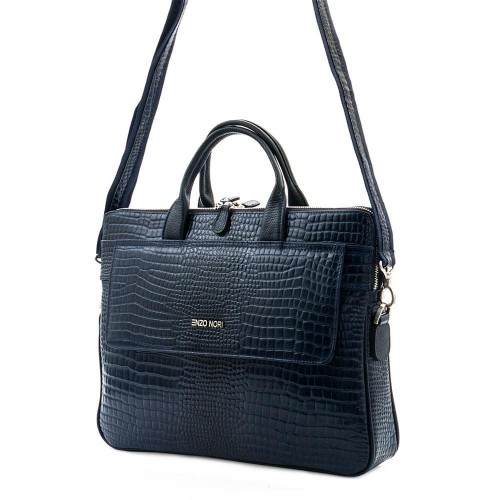 Дамска бизнес чанта ENZO NORI модел SUZY естествена кожа тъмно син кроко лак