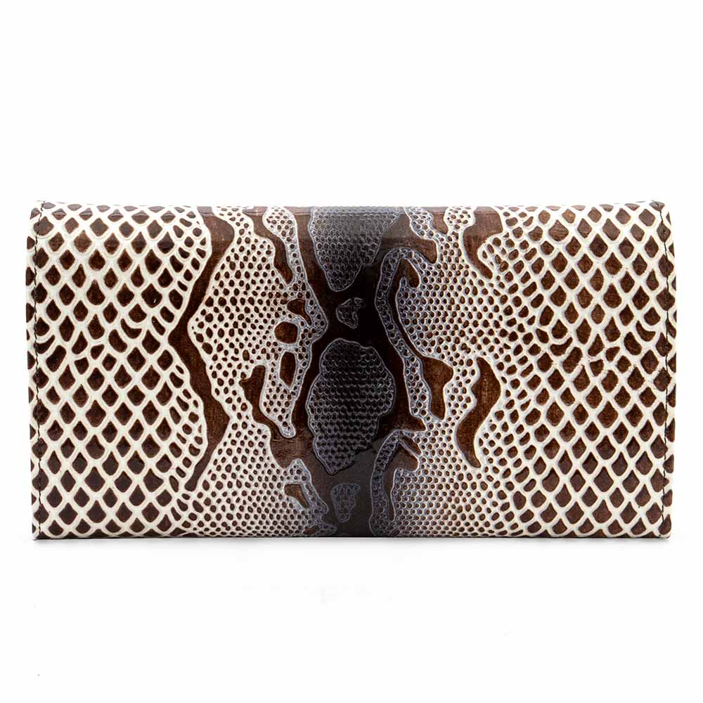 Луксозно дамско портмоне от естествена кожа затварящo се с капак ENZO NORI модел CLASSIQUE цвят бежов кафяв змийски лак