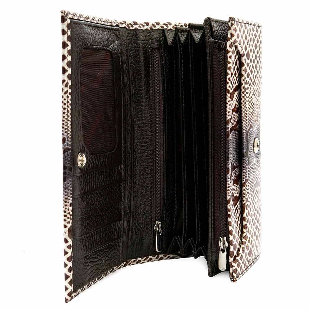 Луксозно дамско портмоне от естествена кожа затварящo се с капак ENZO NORI модел CLASSIQUE цвят бежов кафяв змийски лак