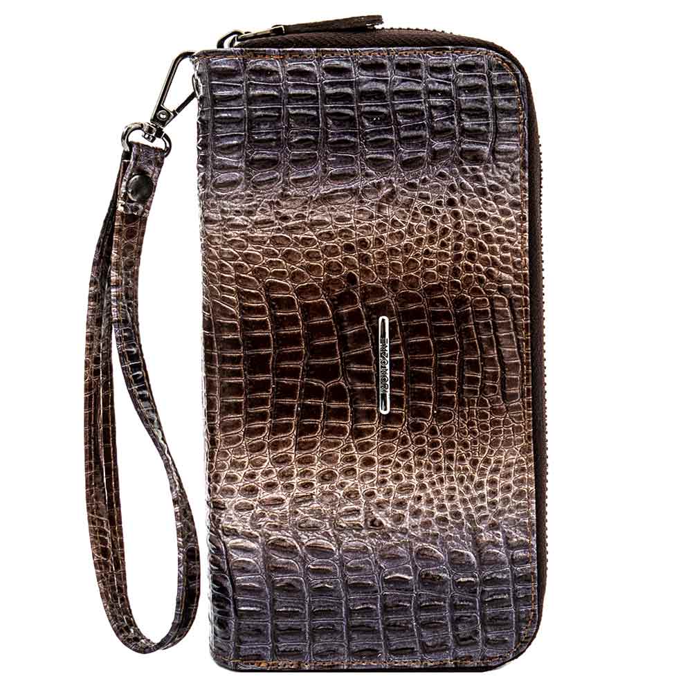 Нестандартно дамско портмоне от висококачествена естествена кожа с два ципа ENZO NORI модел SWING цвят преливащо кафяво кроко