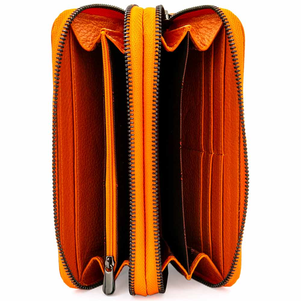 Оранжево голямо дамско портмоне от висококачествена естествена кожа с два ципа ENZO NORI модел SWING 