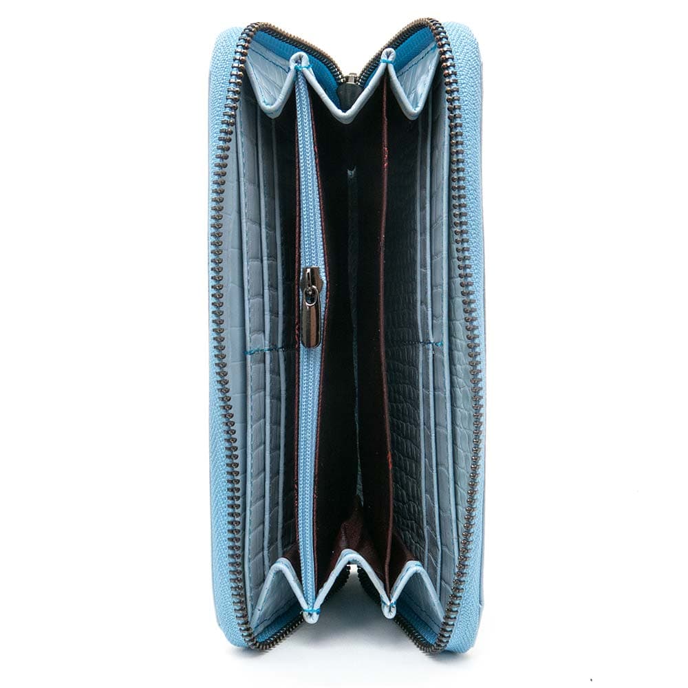 Елегантно дамско портмоне с цип ENZO NORI модел GAIA от естествена кожа с дръжка за ръка цвят светло син кроко лак