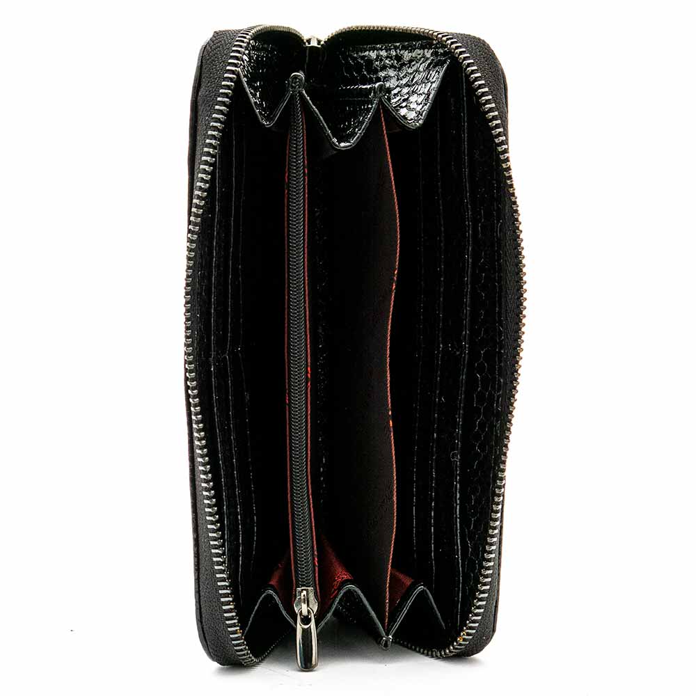 Голямо дамско портмоне с цип ENZO NORI модел GAIA от естествена кожа с дръжка за ръка цвят черен змийски лазер
