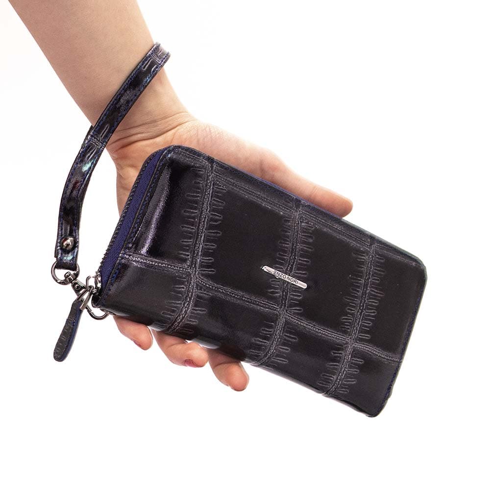 Елегантно дамско портмоне с цип ENZO NORI модел GAIA от естествена кожа с дръжка за ръка цвят тъмно син лак