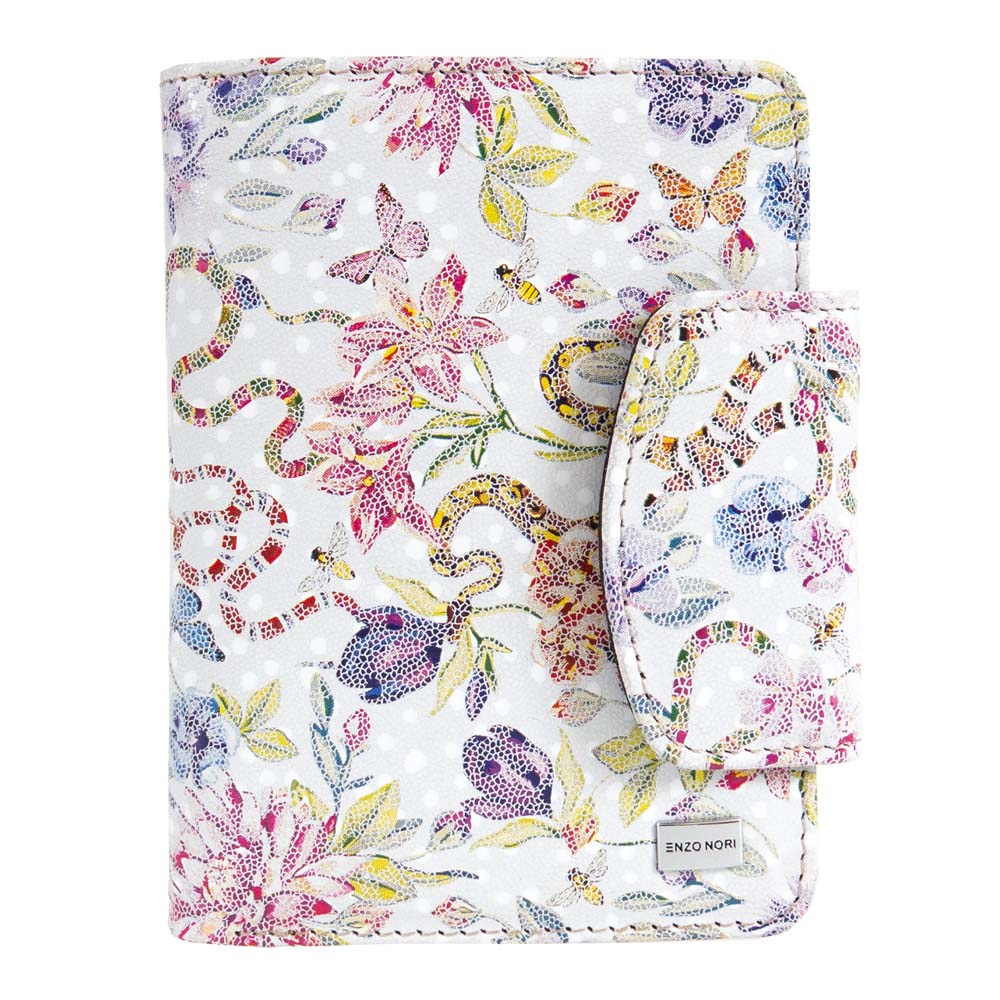 Атрактивно дамско портмоне от естествена кожа с вадещ се визитник ENZO NORI модел TANGO цвят бял-сив с цветя