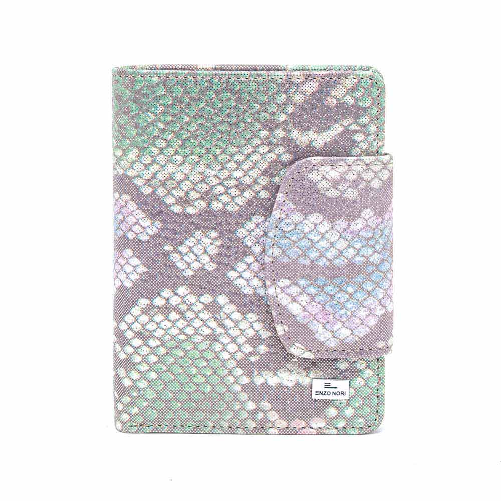 Малко луксозно дамско портмоне от естествена фина напа кожа ENZO NORI модел TANGO цвят зелен бял змийски лазер