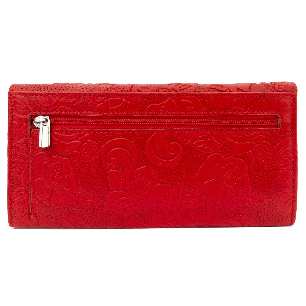 Атрактивно дамско портмоне oт естествена кожа с множество отделения за карти и документи ENZO NORI модел SUAVE цвят червени рози