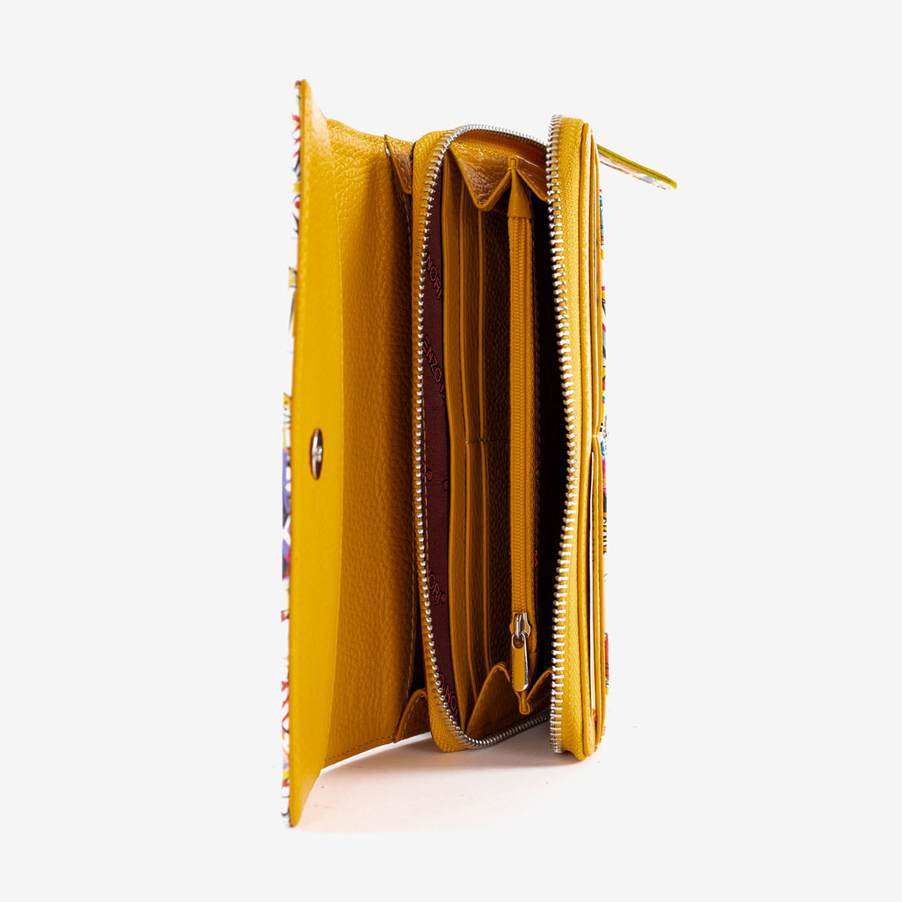 Дамско портмоне ENZO NORI модел IZABEL естествена кожа жълт с цветни мотиви
