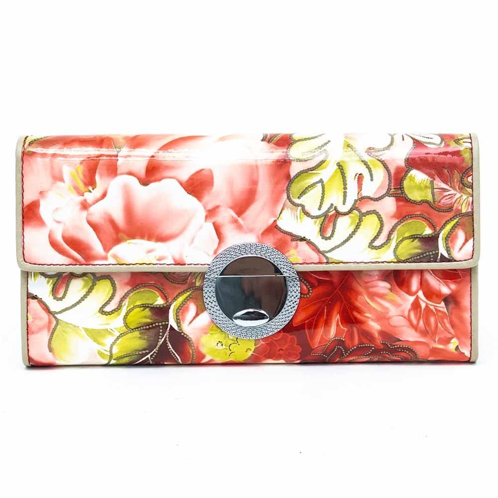 Цветно дамско портмоне от естествена кожа с капак с механизъм ENZO NORI модел AYA цвят шарен с цветя