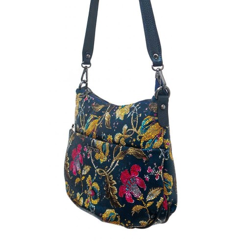 Дамска чанта ENZO NORI модел SALY естествена кожа син с цветя