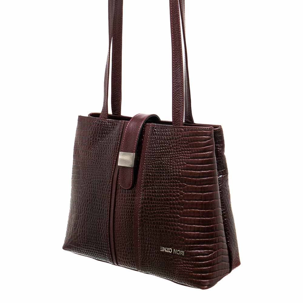 Изящна дамска чанта ENZO NORI модел ALESA от естествена кожа цвят бордо кроко лак