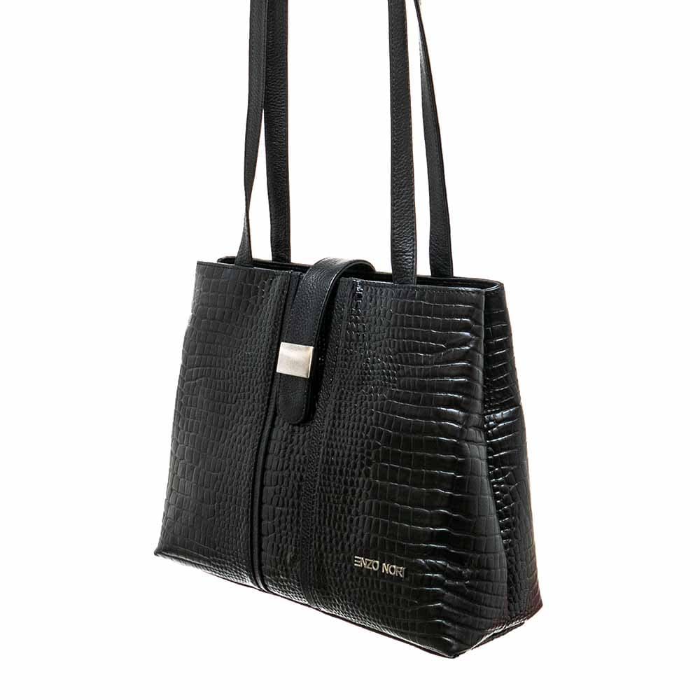 Луксозна дамска чанта ENZO NORI модел ALESA от естествена кожа цвят черен кроко лак