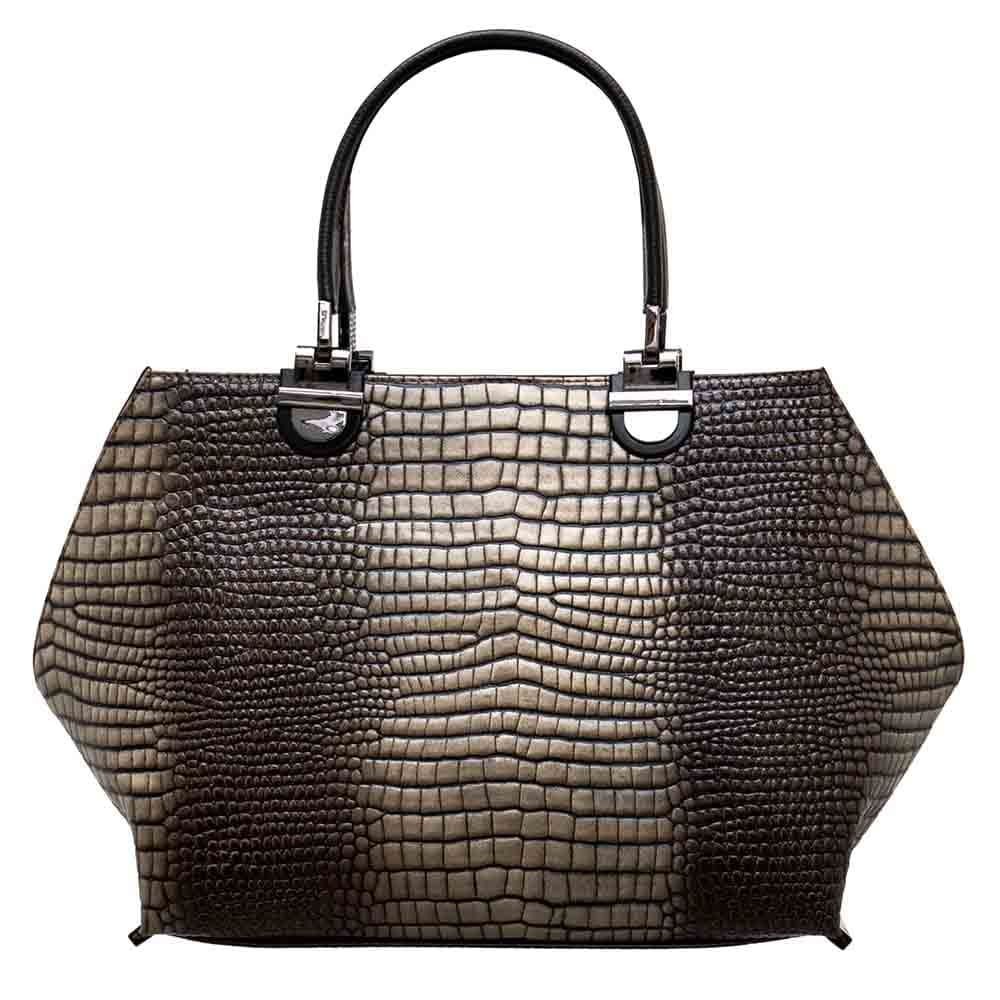 Голяма дамска чанта ENZO NORI модел RUMBA от естествена кожа цвят кафяв кроко лак