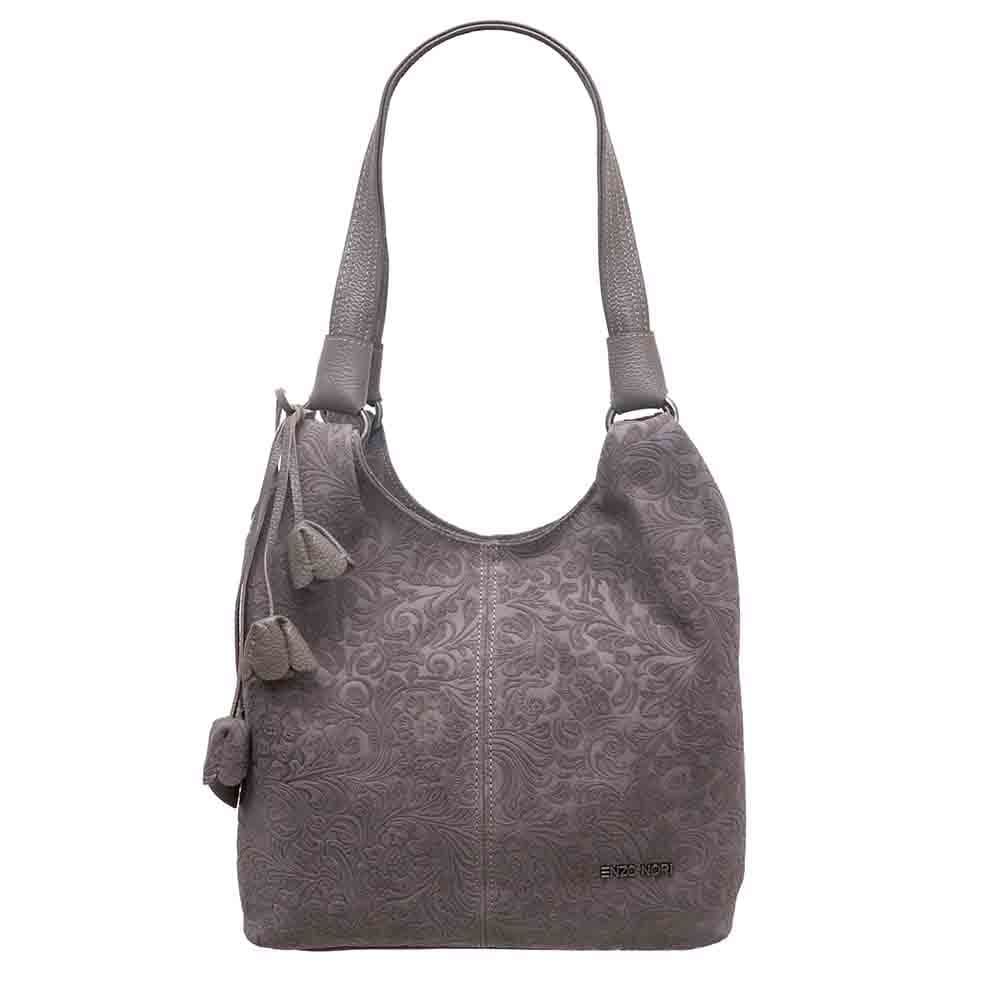 Красива дамска чанта тип торба ENZO NORI модел ROSE мека естествена кожа цвят сив набук