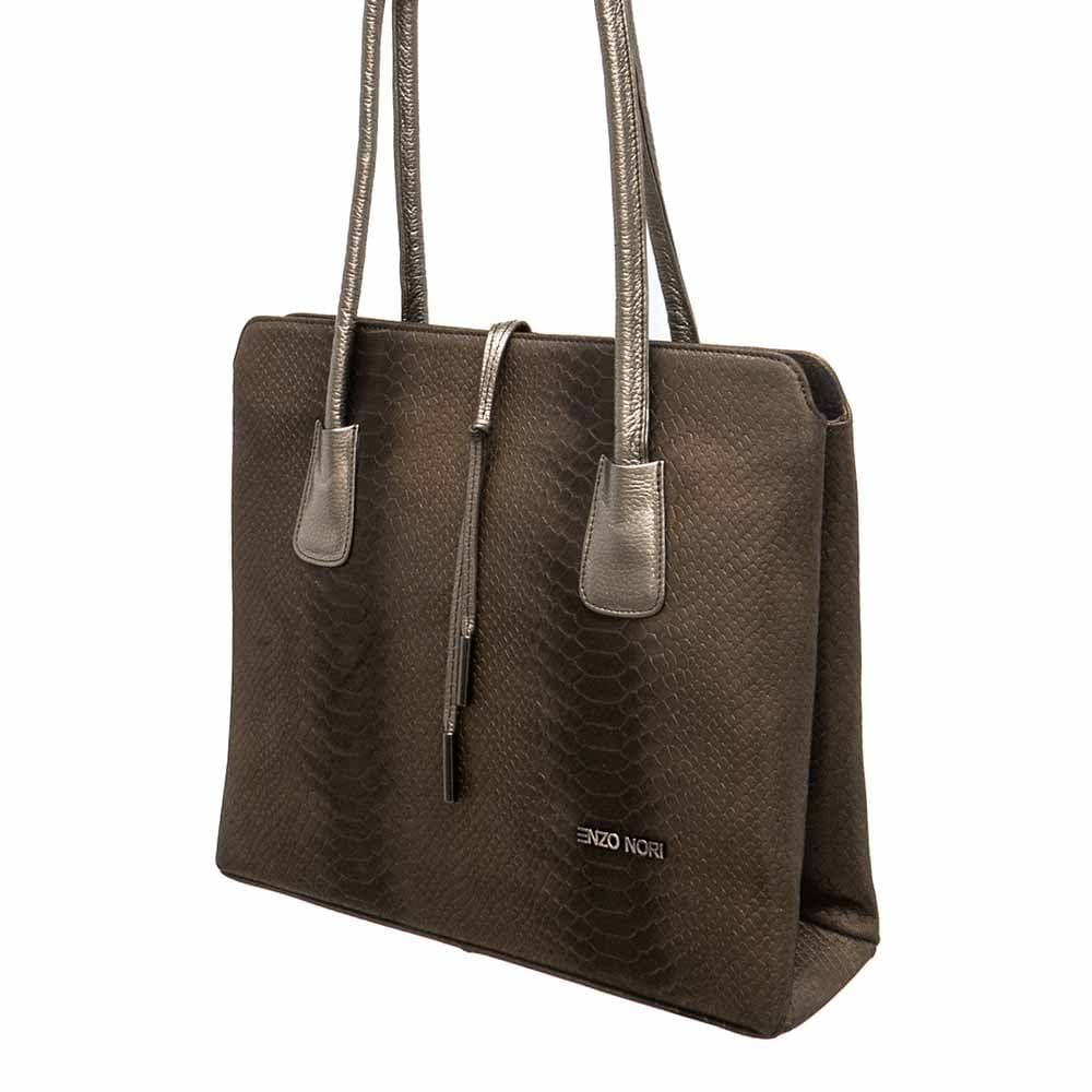 Модерна дамска чанта ENZO NORI модел ALLEGRA от естествена фина напа кожа цвят кафяв змийски лазер