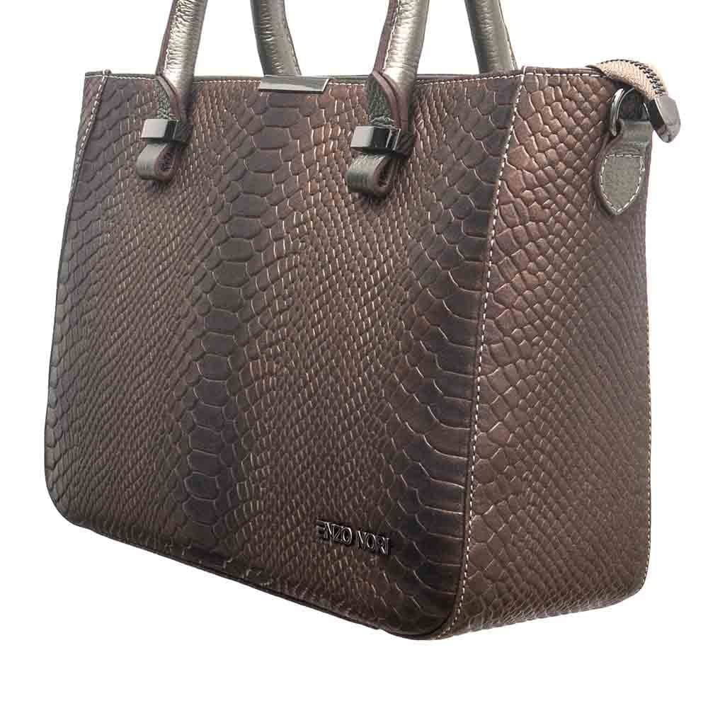 Изискана дамска чанта ENZO NORI модел MILANA естествена фина напа кожа цвят бронз змийски лазер
