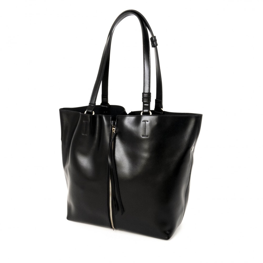Класическа чанта тип торба от естествена кожа PAULA VENTI модел PV8689 цвят черен  