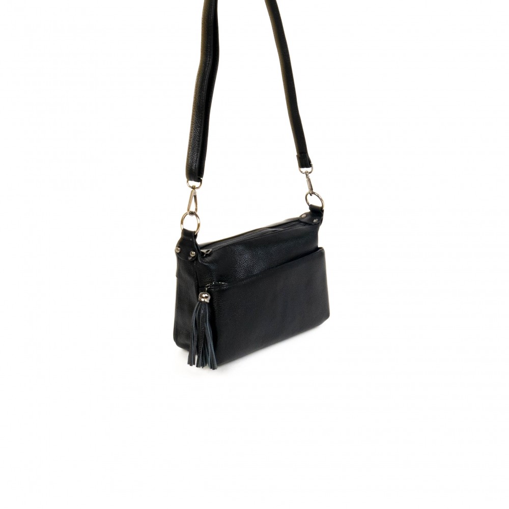 Дамска чанта PAULA VENTI от естествена кожа модел LAYLA с подвижна кожена  дълга дръжка цвят черен