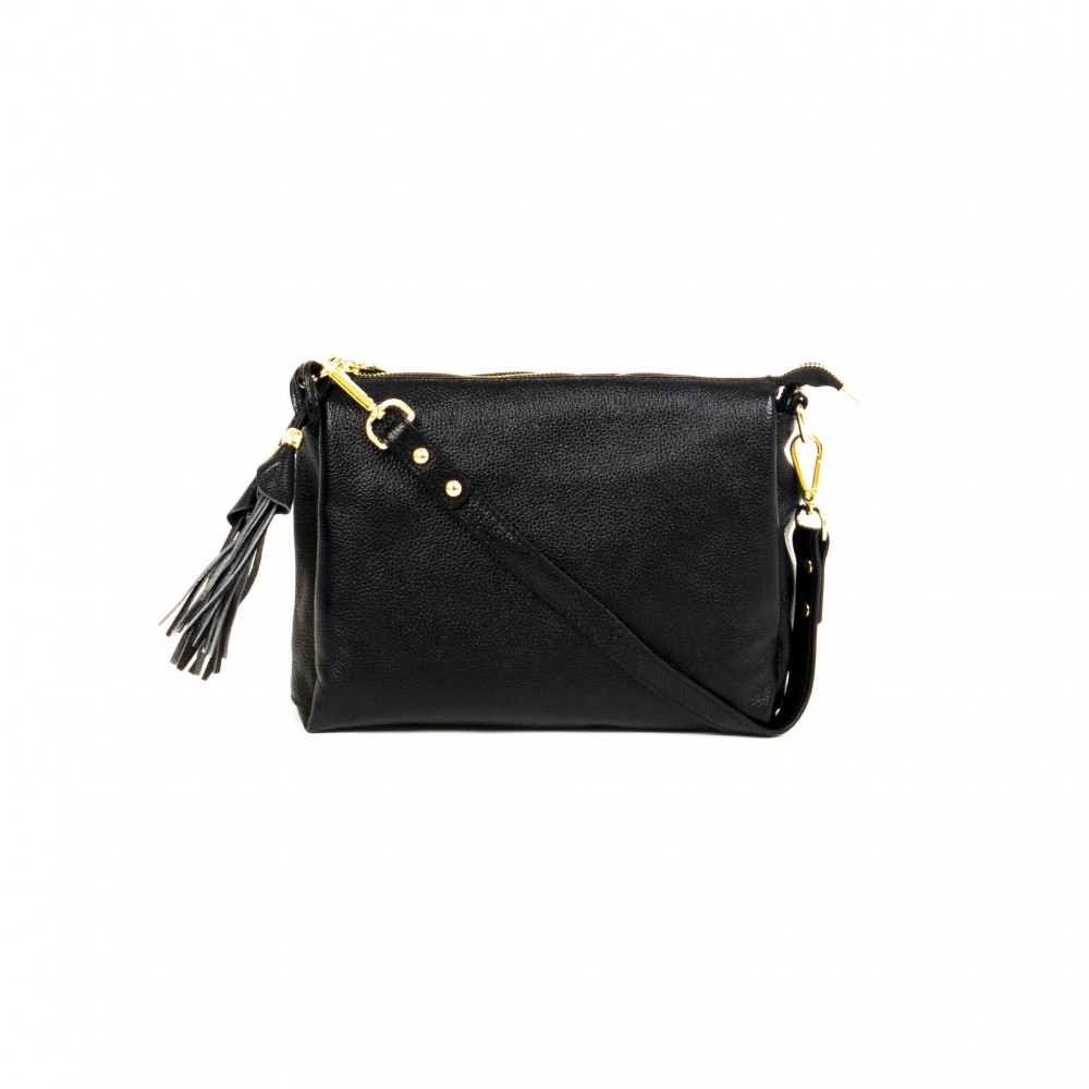 Черна малка дамска чанта PAULA VENTI от естествена кожа модел BELLS с подвижна кожена  дълга дръжка 