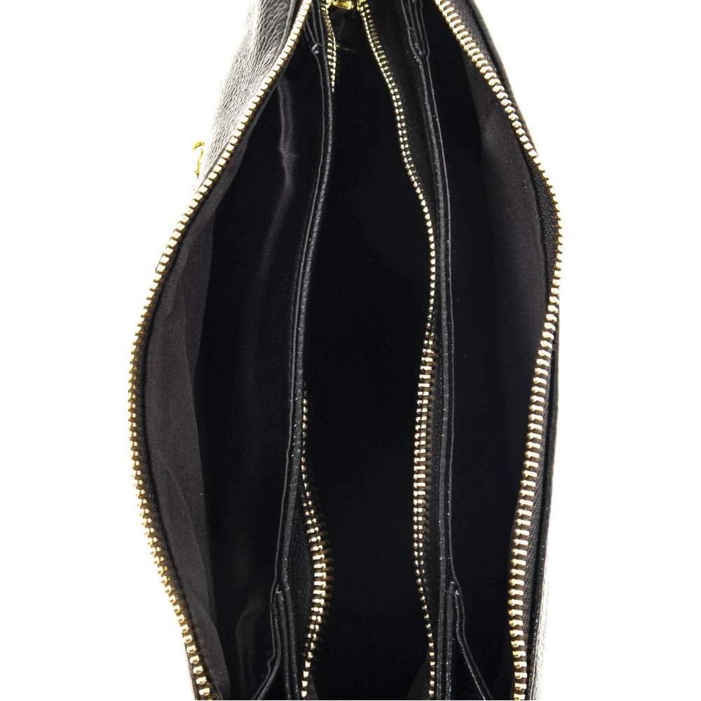 Черна малка дамска чанта PAULA VENTI от естествена кожа модел BELLS с подвижна кожена  дълга дръжка 