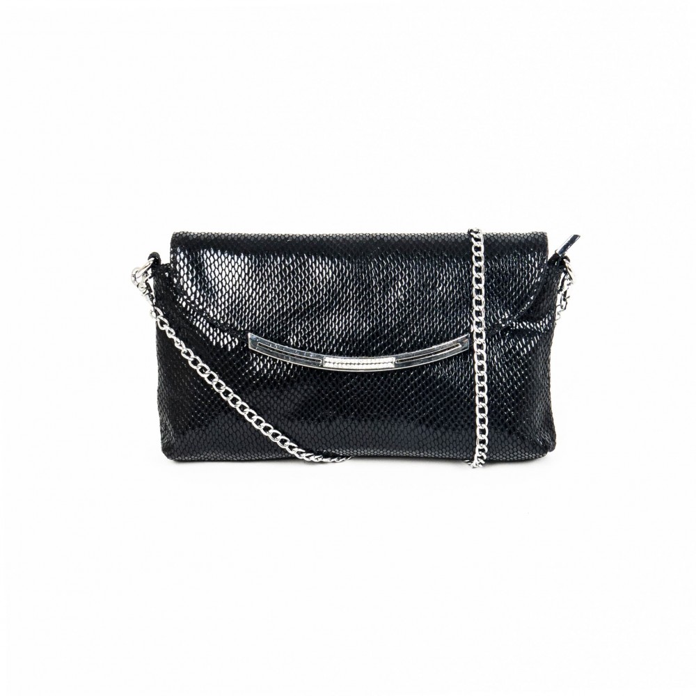 Стилна бална дамска чанта PAULA VENTI от естествена кожа с дълга дръжка тип верижка модел DIAMOND цвят черен