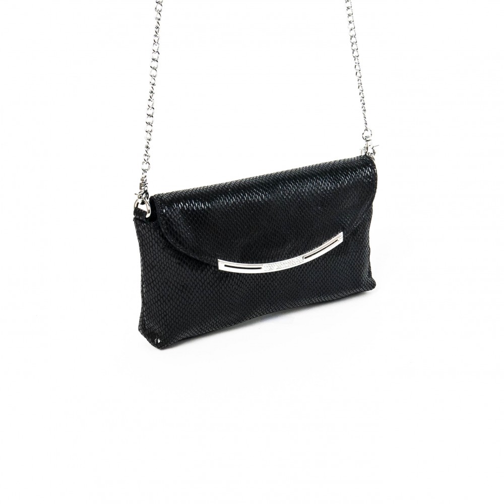Стилна бална дамска чанта PAULA VENTI от естествена кожа с дълга дръжка тип верижка модел DIAMOND цвят черен