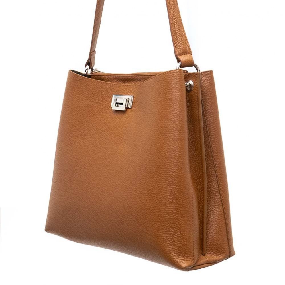 Красива дамска чанта модел NOTTE с дълга дръжка от италианска естествена кожа цвят кафяв