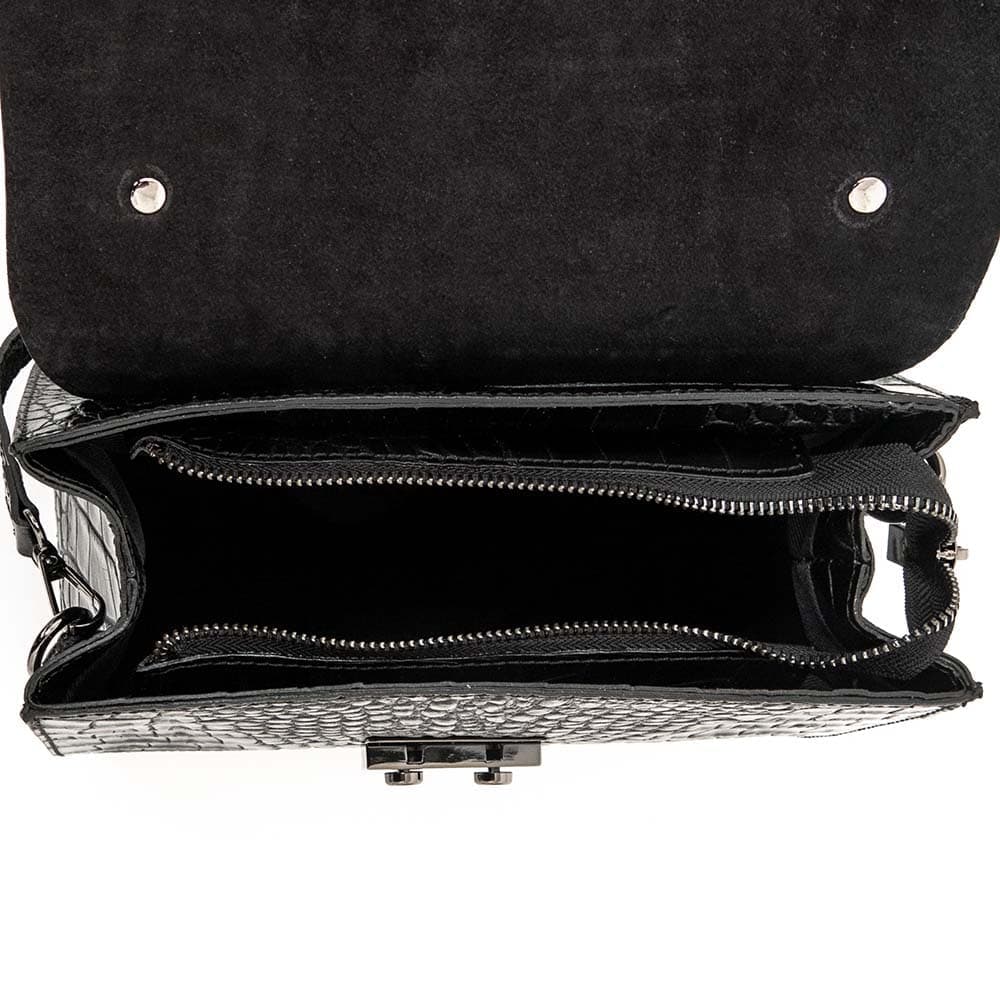 Елегантна дамска чанта модел CRONA от италианска естествена кожа цвят черен кроко