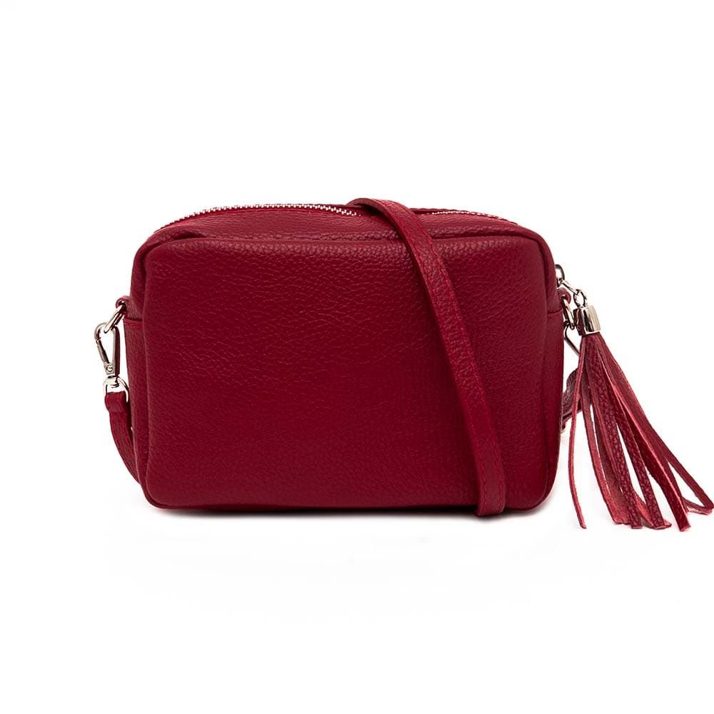 Червена малка дамска чанта модел BELLO от италианска естествена кожа с дълга дръжка 