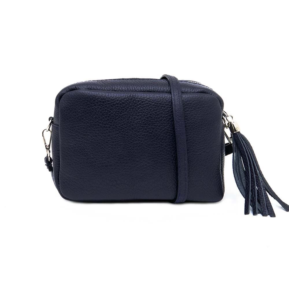 Синя малка дамска чанта модел BELLO от италианска естествена кожа с дълга дръжка 