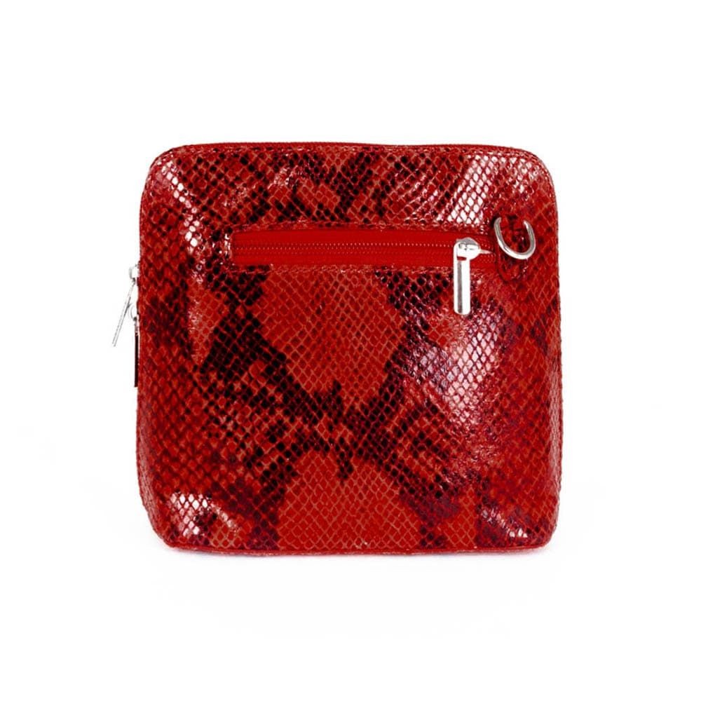 Червена малка дамска чанта от италианска естествена кожа модел CALDO с дълга дръжка змийска обработка цвят червен