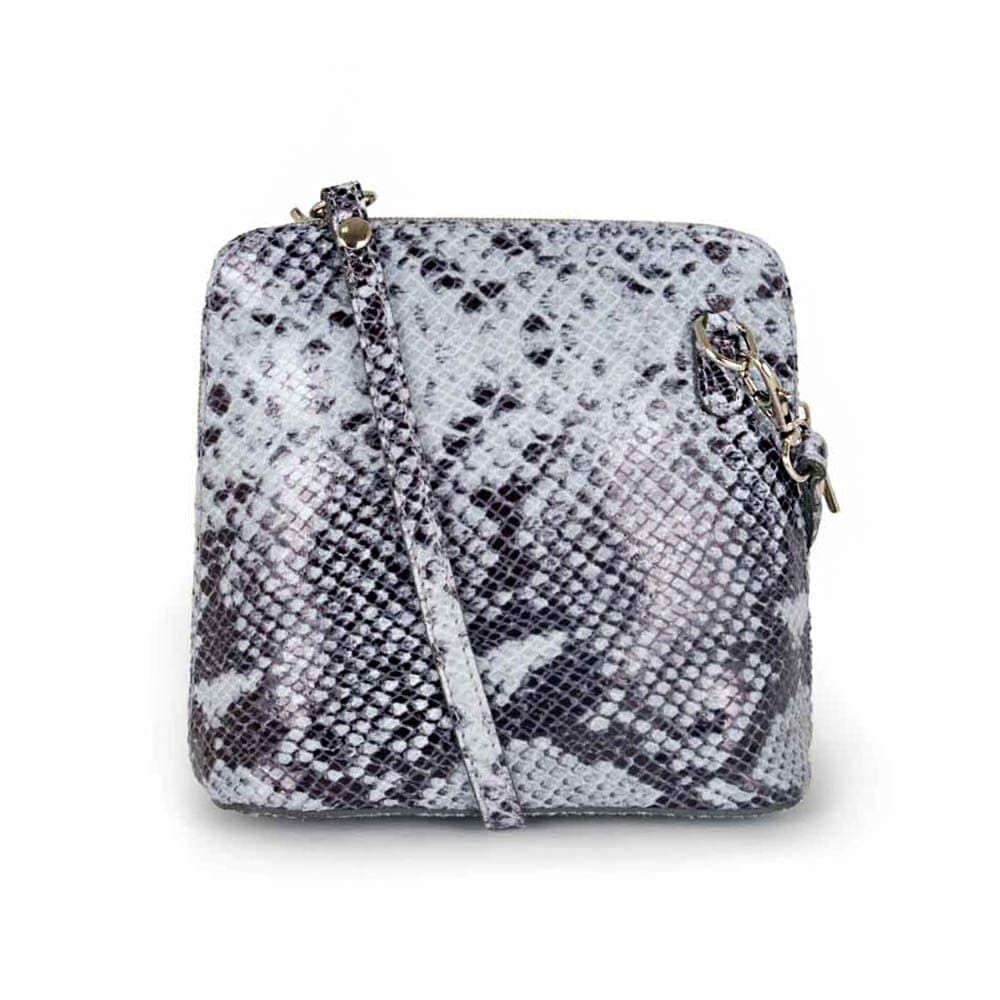 Малка дамска чанта от италианска естествена кожа модел CALDO с дълга дръжка змийска обработка цвят светло сив