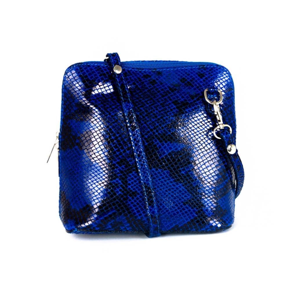 Малка дамска чанта от италианска естествена кожа модел CALDO с дълга дръжка змийска обработка цвят тъмно син