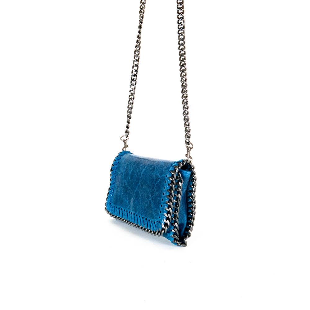 Красива малка дамска чанта от италианска естествена кожа модел LUNA с дълга дръжка цвят син