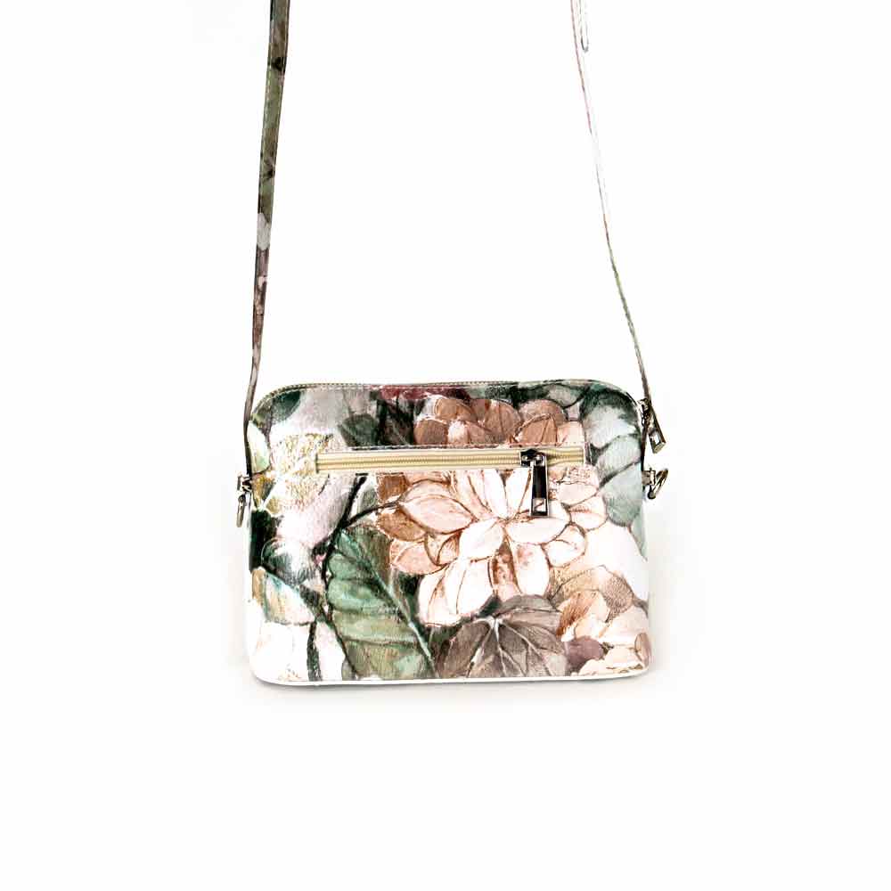 Малка дамска чанта от италианска естествена кожа модел SOLE с дълга дръжка цветя шарен