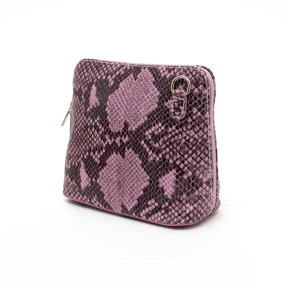 Луксозна малка дамска чанта от италианска естествена кожа модел CALDO с дълга дръжка змийска обработка цвят розов